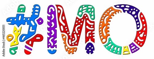 MO Hashtag. Multicolored bright isolate curves doodle letters. Hashtag #MO is abbreviation for the US American state Missouri for social network, web resources, mobile apps.