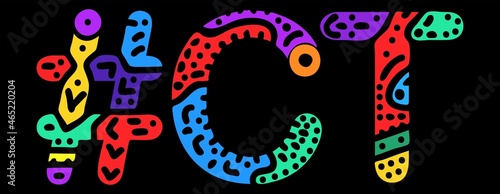 CT Hashtag. Multicolored bright isolate curves doodle letters. Hashtag #CT is abbreviation for the US American state Connecticut for social network, web resources, mobile apps.