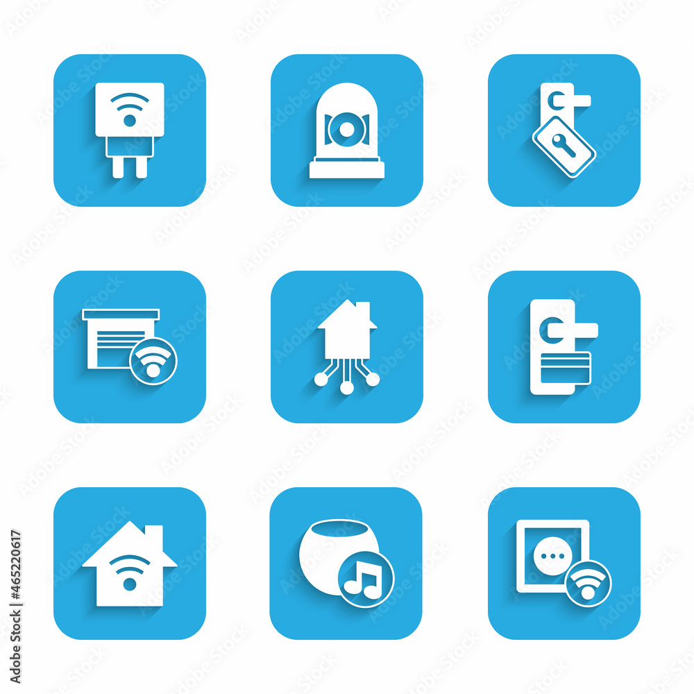 Set Smart home, Voice assistant, electrical outlet, Digital door lock, with wi-fi, garage, and plug icon. Vector Set Smart home, Voice assistant, electrical outlet, Digital door lock, with wi-fi, garage, and plug icon. Vector