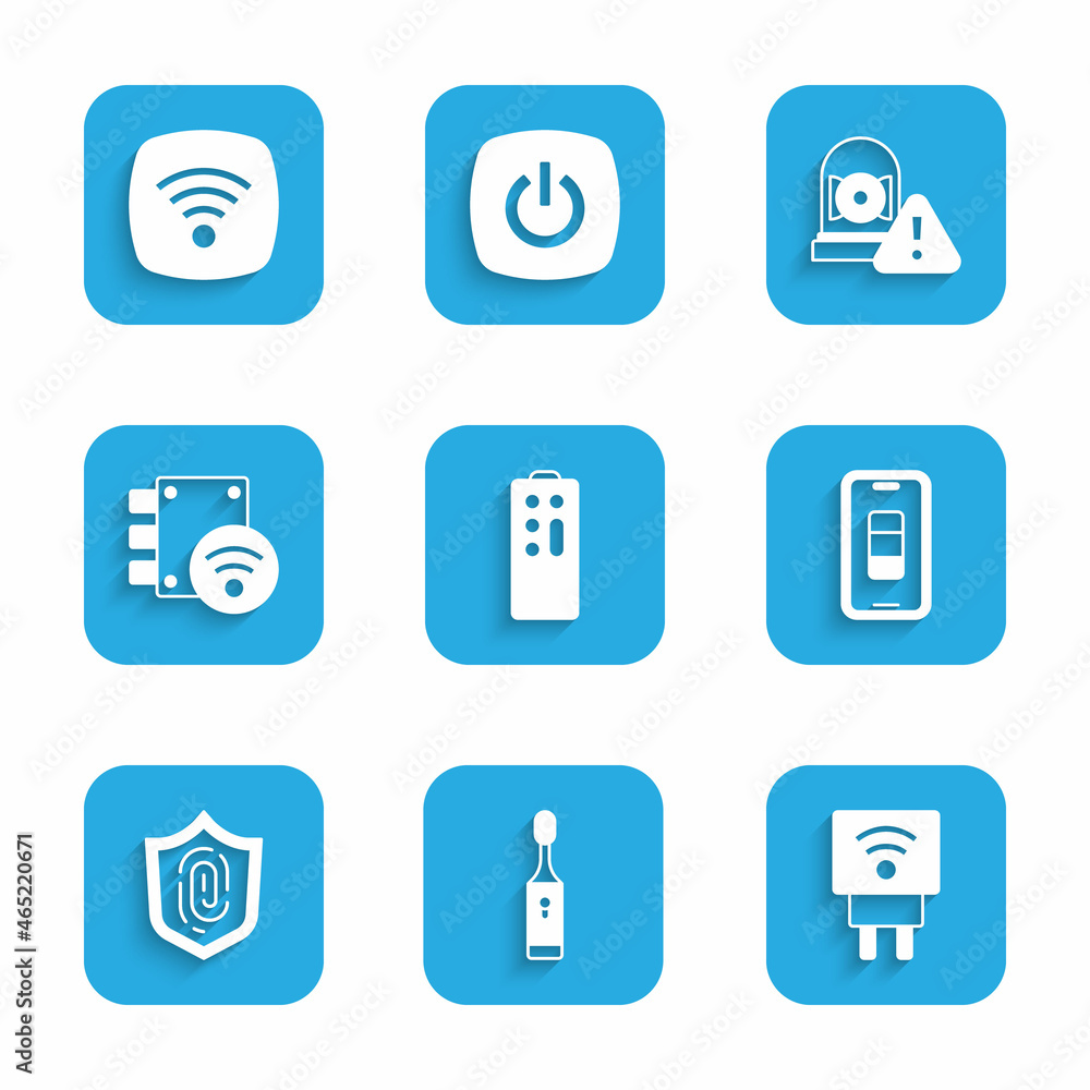 Set Remote control, Electric toothbrush, Smart electric plug, Smartphone battery charge, Fingerprint, Digital door lock, Ringing alarm bell and Wi-Fi wireless internet network icon. Vector Set Remote control, Electric toothbrush, Smart electric plug, Smartphone battery charge, Fingerprint, Digital door lock, Ringing alarm bell and Wi-Fi wireless internet network icon. Vector