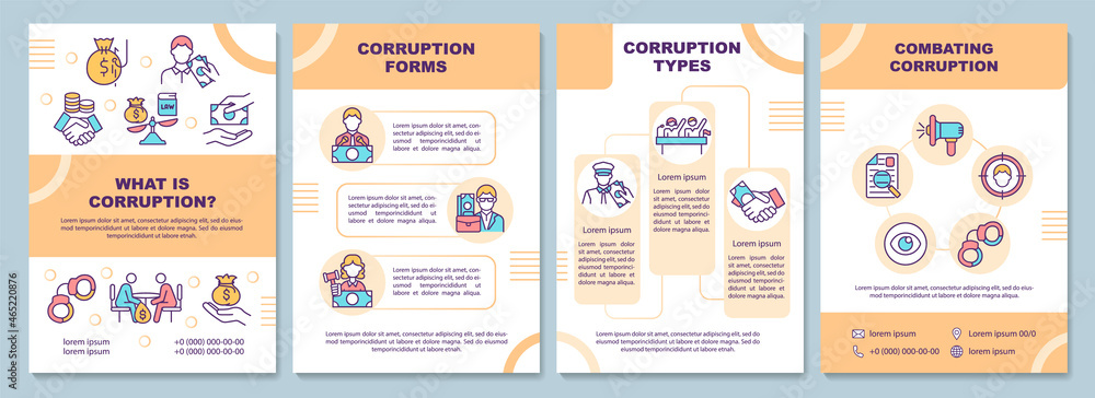 What is corruption brochure template. Fraus and bribary combat. Flyer, booklet, leaflet print, cover design with linear icons. Vector layouts for presentation, annual reports, advertisement pages