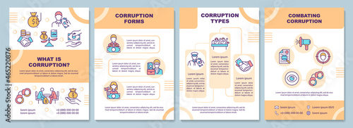 What is corruption brochure template. Fraus and bribary combat. Flyer, booklet, leaflet print, cover design with linear icons. Vector layouts for presentation, annual reports, advertisement pages