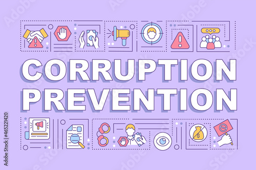 Corruption prevention word concepts banner. Corruption control measures. Infographics with linear icons on purple background. Isolated creative typography. Vector outline color illustration with text
