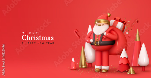 Christmas Santa Claus with bag of gifts box. Realistic 3d cartoon character. Happy New Year and Merry Christmas. Holiday card, red banner, web poster. Vector illustration