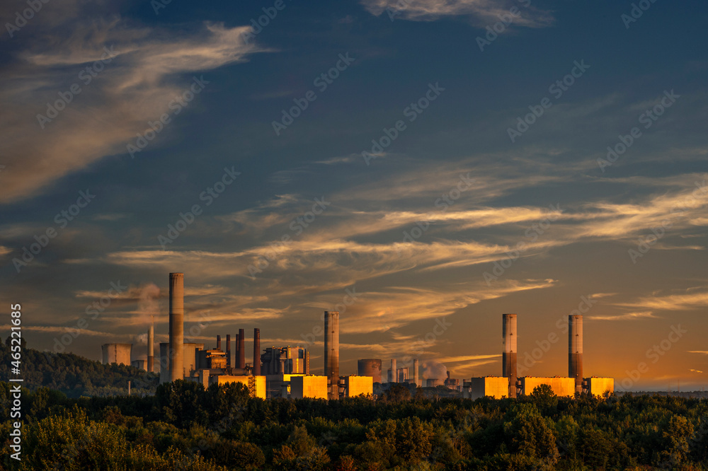 Germany, North Rhine-Westphalia, Grevenbroich, Lignite power station at moody dusk Germany, North Rhine-Westphalia, Grevenbroich, Lignite power station at moody dusk
