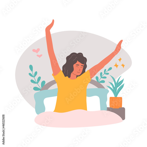 Young woman in bed after sleeping pulls her hands up, good morning, waking up, vector illustration in flat style