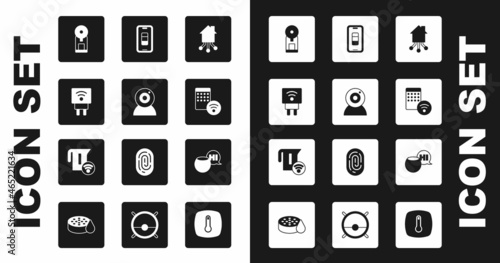 Set Smart home, Web camera, electric plug, coffee machine, Air humidifier, Smartphone battery charge, Voice assistant and kettle icon. Vector