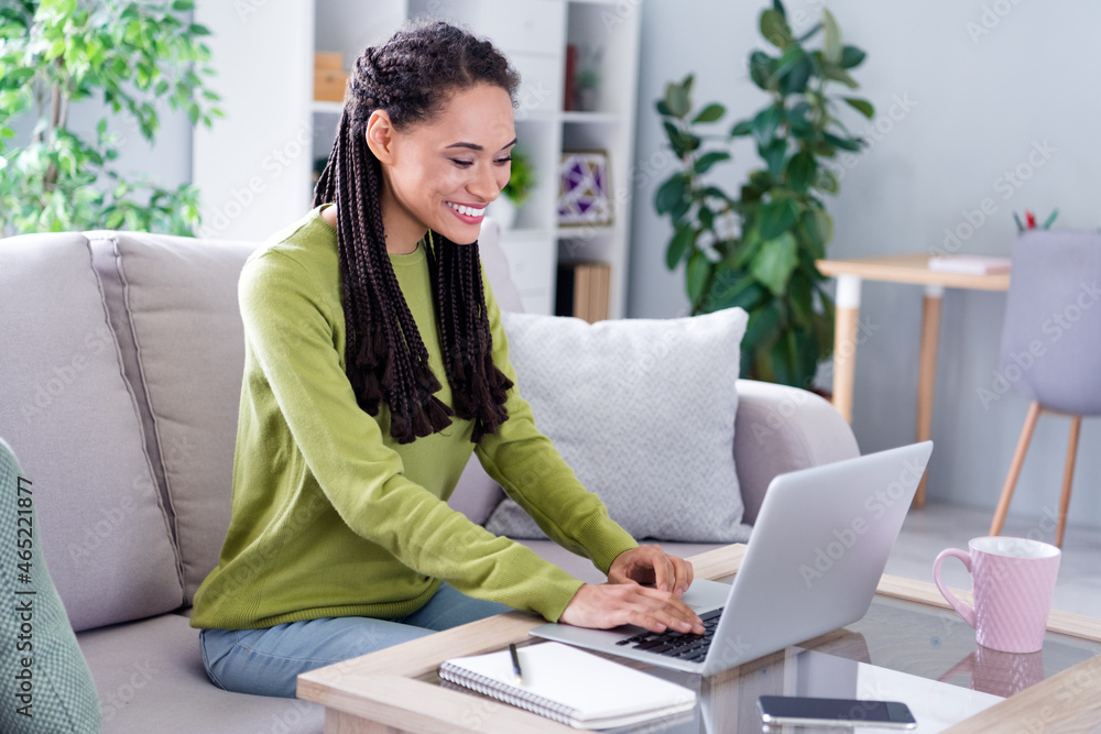 Photo of young cheerful woman sit sofa use laptop remote education indoors inside house home flat Photo of young cheerful woman sit sofa use laptop remote education indoors inside house home flat