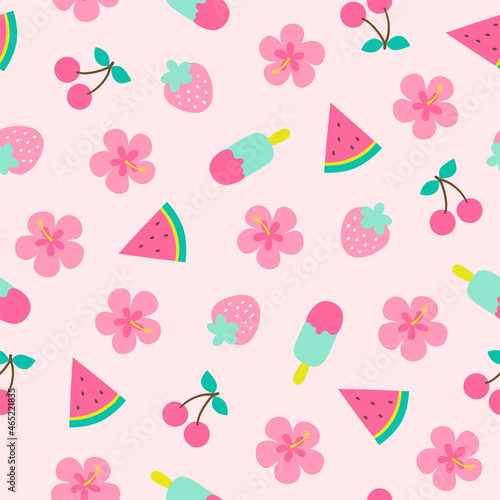 Cute hand drawn hibiscus, fruits and popsicle elements seamless pattern on pink background.
