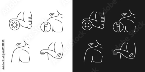 Shoulder and elbow pain linear icons set for dark and light mode. Autoimmune condition. Rheumatism blood test. Customizable thin line symbols. Isolated vector outline illustrations. Editable stroke
