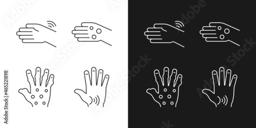Arthritis in hands linear icons set for dark and light mode. Wrists rheumatism. Fingers deformity. Customizable thin line symbols. Isolated vector outline illustrations. Editable stroke