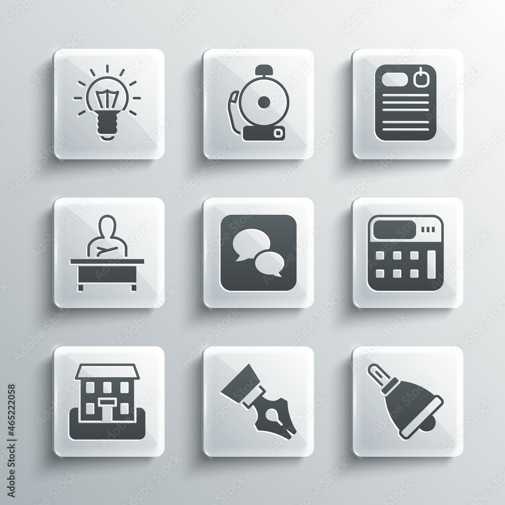 Set Fountain pen nib, Ringing bell, Calculator, Speech bubble chat, School building, Schoolboy sitting desk, Light bulb and Dossier folder icon. Vector Set Fountain pen nib, Ringing bell, Calculator, Speech bubble chat, School building, Schoolboy sitting desk, Light bulb and Dossier folder icon. Vector