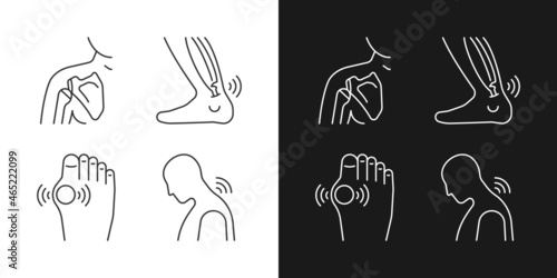 Musculoskeletal pain linear icons set for dark and light mode. Dislocated shoulder. Muscles overstretching. Customizable thin line symbols. Isolated vector outline illustrations. Editable stroke