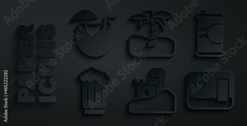 Set Sand castle, Soda can, Wooden beer mug, Travel postcard, Tropical palm tree and Coconut cocktail icon. Vector