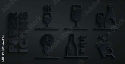 Set Bottle of wine, Wine bottle with glass, time, Grapes, and tasting, degustation icon. Vector