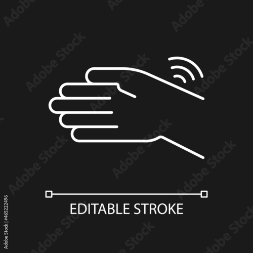 Wrists rheumatism white linear icon for dark theme. Limited hand motion. Carpal tunnel syndrome. Thin line customizable illustration. Isolated vector contour symbol for night mode. Editable stroke