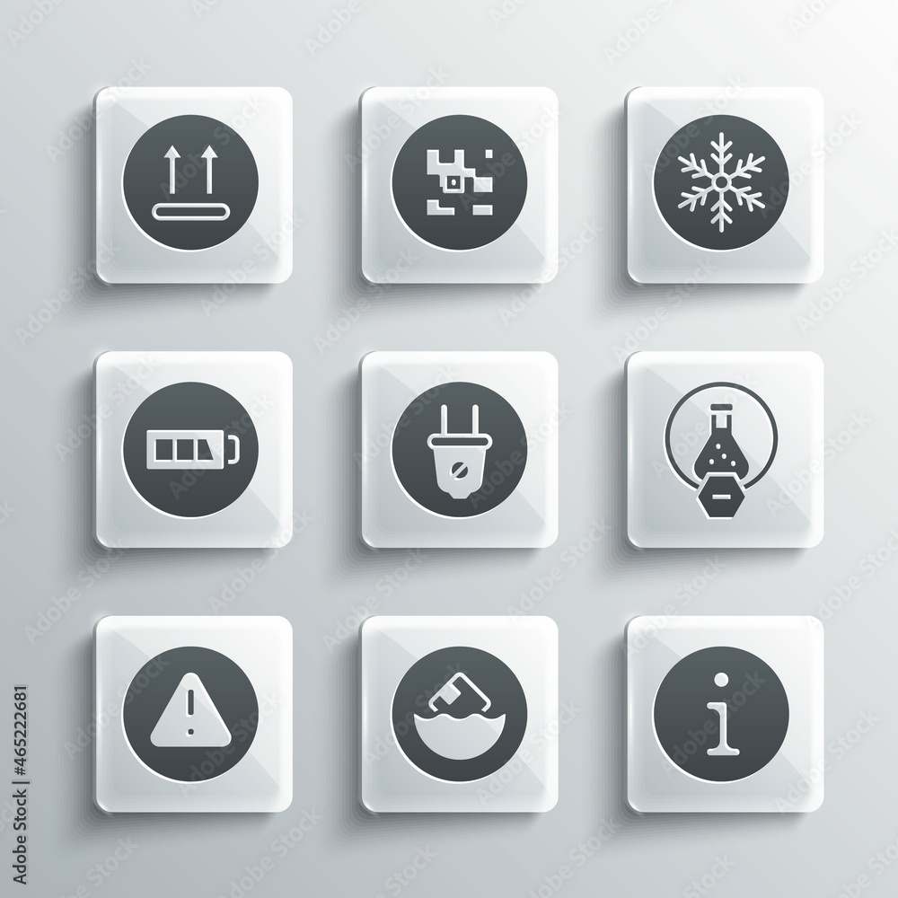 Set Carton cardboard box, Information, Test tube and flask, Electric plug, Exclamation mark in triangle, Battery, Temperature wash and Snowflake icon. Vector Set Carton cardboard box, Information, Test tube and flask, Electric plug, Exclamation mark in triangle, Battery, Temperature wash and Snowflake icon. Vector