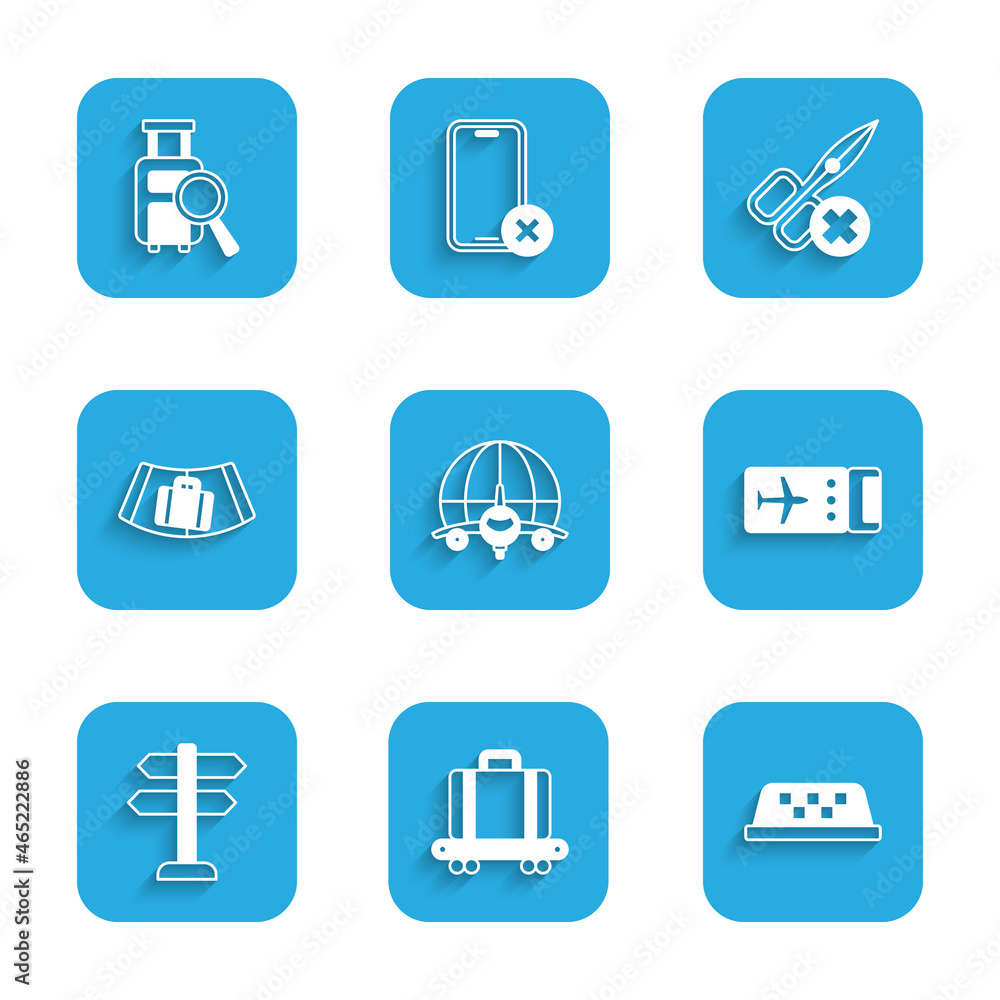 Set Globe with flying plane, Conveyor belt suitcase, Taxi car roof, Airline ticket, Road traffic sign, No scissors and Lost baggage icon. Vector Set Globe with flying plane, Conveyor belt suitcase, Taxi car roof, Airline ticket, Road traffic sign, No scissors and Lost baggage icon. Vector