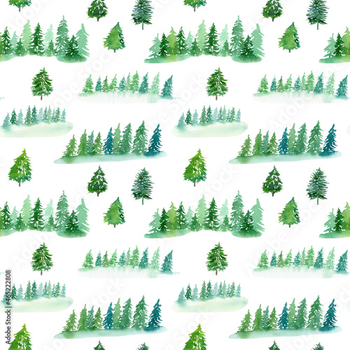 Watercolor seamless pattern with mountains and coniferous trees. Hand drawn winter ornament. Repeat digital paper. Yellow background