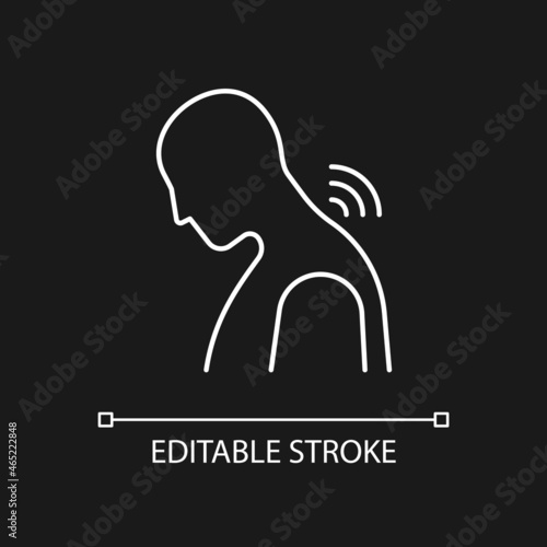 Neck rheumatism white linear icon for dark theme. Joints inflammation. Cervical spondylosis. Thin line customizable illustration. Isolated vector contour symbol for night mode. Editable stroke