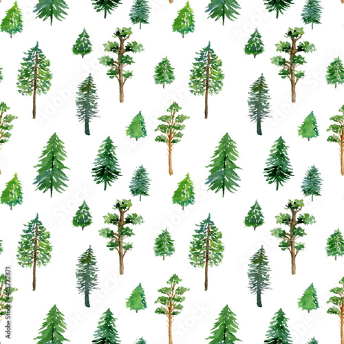 Watercolor seamless pattern with  coniferous trees. Hand drawn winter ornament. Repeat digital paper. White background