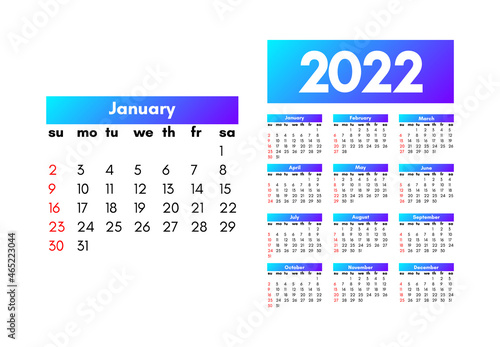 Calendar for 2022 isolated on a white background