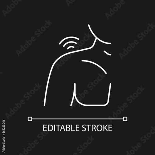 Shoulders rheumatism white linear icon for dark theme. Inflammatory process. Joints deformity. Thin line customizable illustration. Isolated vector contour symbol for night mode. Editable stroke