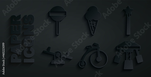 Set Vintage bicycle, Magic wand, Seesaw, Attraction carousel, Ice cream waffle cone and Lollipop icon. Vector