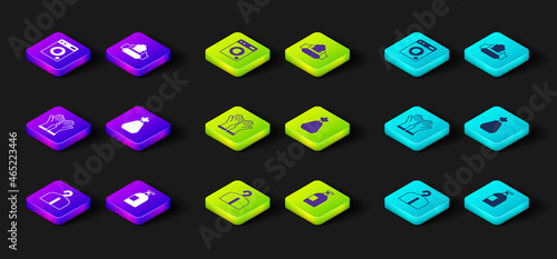 Set Hanger wardrobe, Dishwashing liquid bottle, Rubber gloves, Garbage bag, Wet wipe pack and Washer icon. Vector