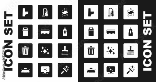 Set Bar of soap, Sponge, Trash can, Toilet bowl, Dishwashing liquid bottle, Vacuum cleaner, Handle broom and icon. Vector