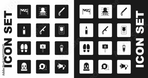 Set Police rubber baton, Bullet, Crime scene, badge with id case, Suspect criminal, Flashlight and Footsteps icon. Vector