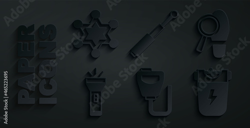 Set Walkie talkie, Footsteps, Flashlight, Police electric shocker, Telescopic baton and Hexagram sheriff icon. Vector