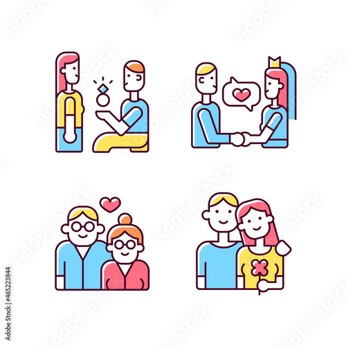 Stages of romantic relationship RGB color icons set. Man proposing to woman. Marriage, wedding vows. Elderly couple in love. Isolated vector illustrations. Simple filled line drawings collection