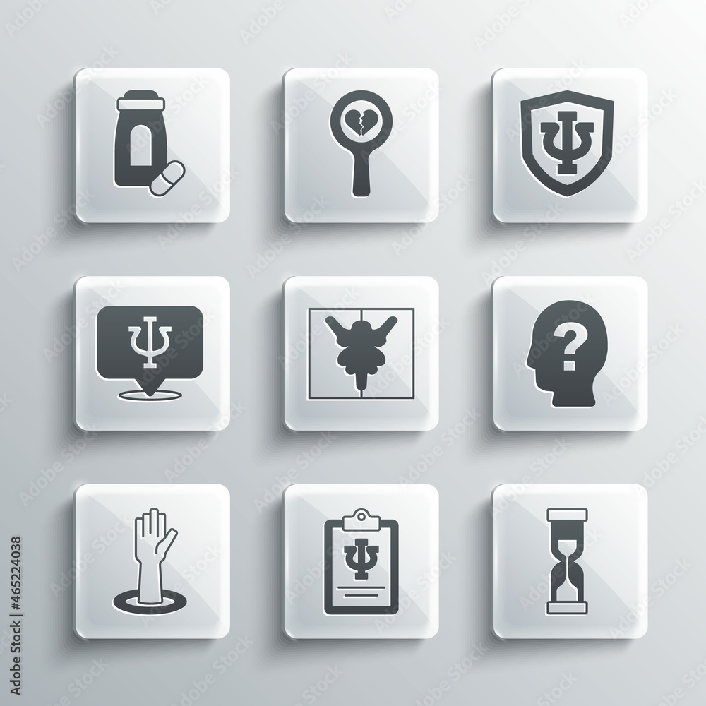Set Psychology, Psi, Old hourglass, Head with question mark, Rorschach test, Helping hand, Sedative pills and icon. Vector Set Psychology, Psi, Old hourglass, Head with question mark, Rorschach test, Helping hand, Sedative pills and icon. Vector