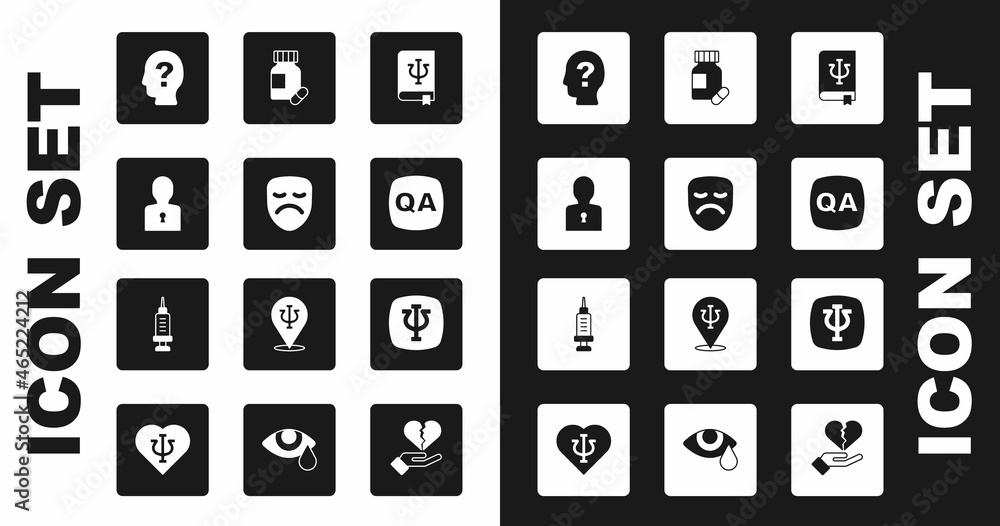 Set Psychology book, Psi, Drama theatrical mask, Solution to problem, Head with question mark, Question and Answer, Sedative pills, Psychology, and Addiction drug icon. Vector Set Psychology book, Psi, Drama theatrical mask, Solution to problem, Head with question mark, Question and Answer, Sedative pills, Psychology, and Addiction drug icon. Vector