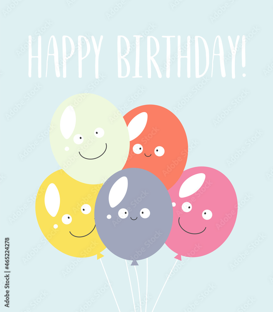Happy birthday poster or greeting card, vector illustration with funny colours balloons with eyes. Cartoon style
