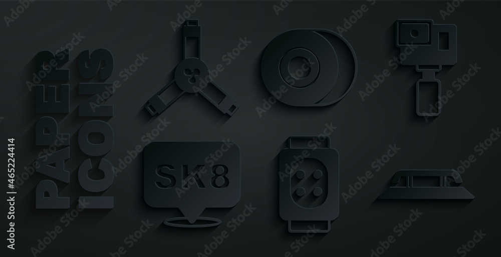 Set Knee pads, Action camera, Skateboard, stairs with rail, wheel and Y-tool icon. Vector Set Knee pads, Action camera, Skateboard, stairs with rail, wheel and Y-tool icon. Vector