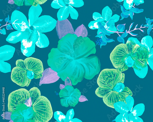 Blue Botanical Leaves. Turquoise Orchid Set. Green Hibiscus Design. Mint Color Flower Jungle. Pink Watercolor Garden. Seamless Palm. Pattern Foliage.