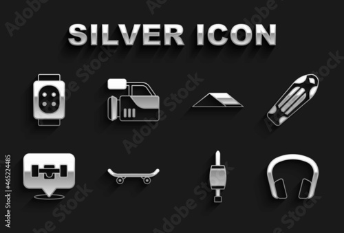 Set Skateboard, deck, Headphones, Screwdriver, wheel, park, Knee pads and Cinema camera icon. Vector