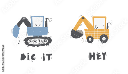 Cute children's set trucks and diggers in Scandinavian style on a white background. Building equipment. Funny construction transport