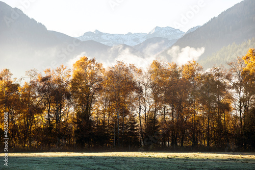 Ennstal at foggy autumn dawn