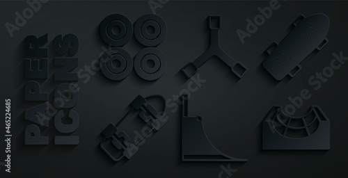 Set Skate park, Skateboard, Y-tool and wheel icon. Vector