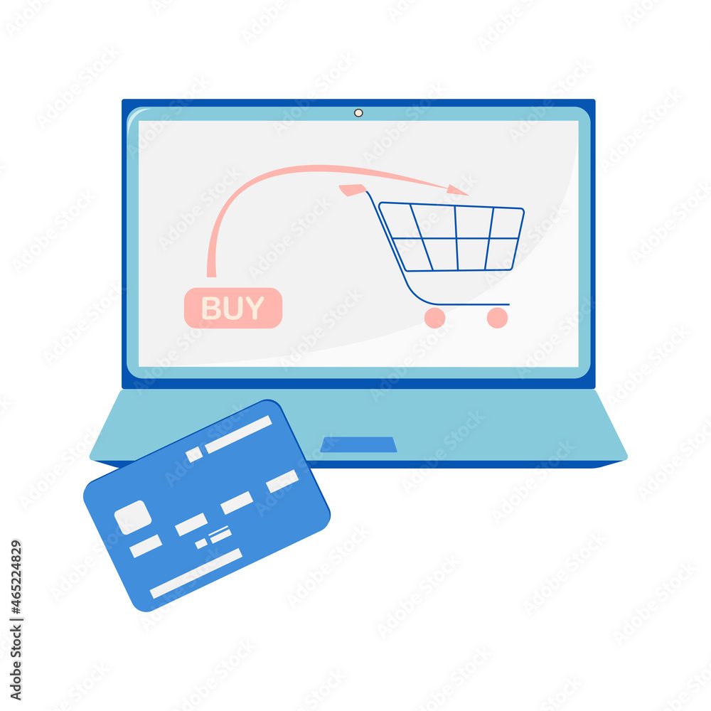 Laptop and credit bank card. Online shopping and payment with electronic money. Contemporary design in shades of blue. Laptop and credit bank card. Online shopping and payment with electronic money. Contemporary design in shades of blue.
