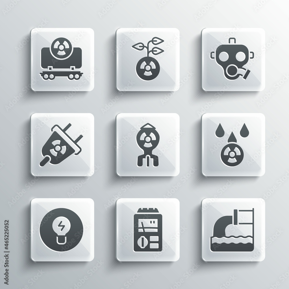 Set Dosimeter, Wastewater, Acid rain and radioactive cloud, Nuclear bomb, Light bulb with concept of idea, Radiation electrical plug, Radioactive cargo train and Gas mask icon. Vector Set Dosimeter, Wastewater, Acid rain and radioactive cloud, Nuclear bomb, Light bulb with concept of idea, Radiation electrical plug, Radioactive cargo train and Gas mask icon. Vector