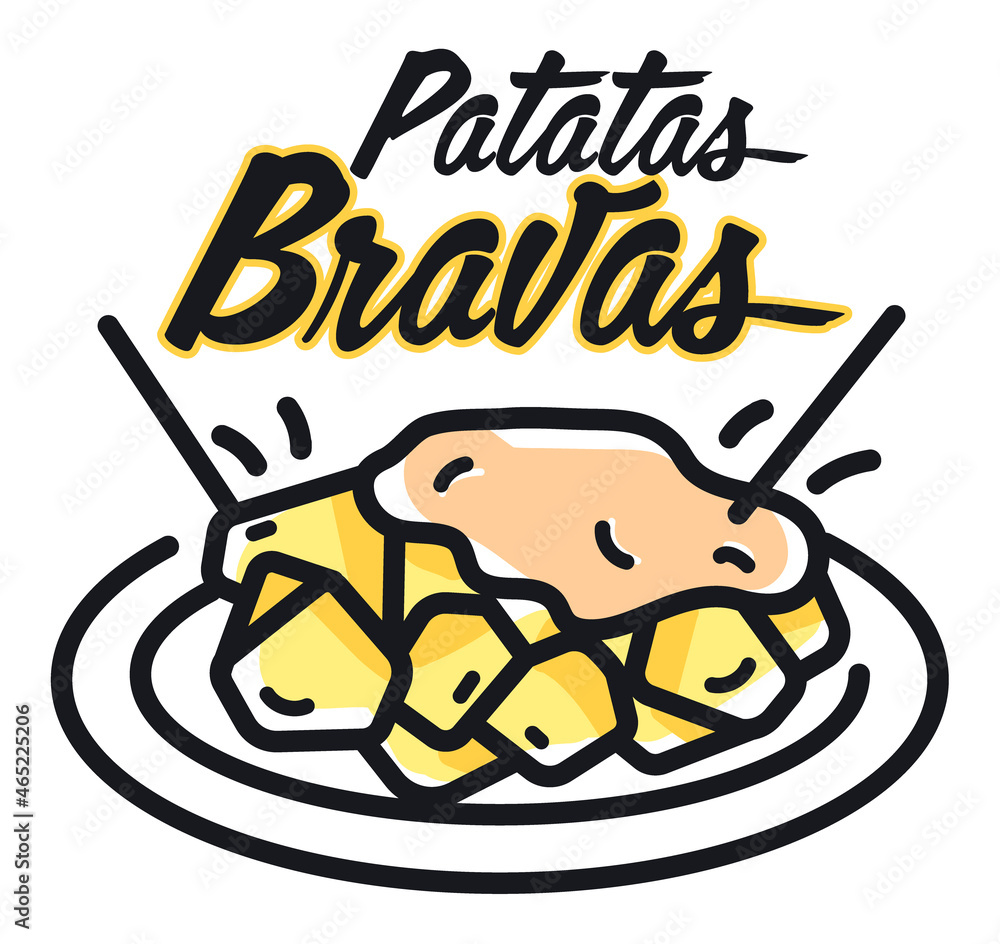 Ilustracion de simbolo de snack tipico español (patatas Bravas). Tapa