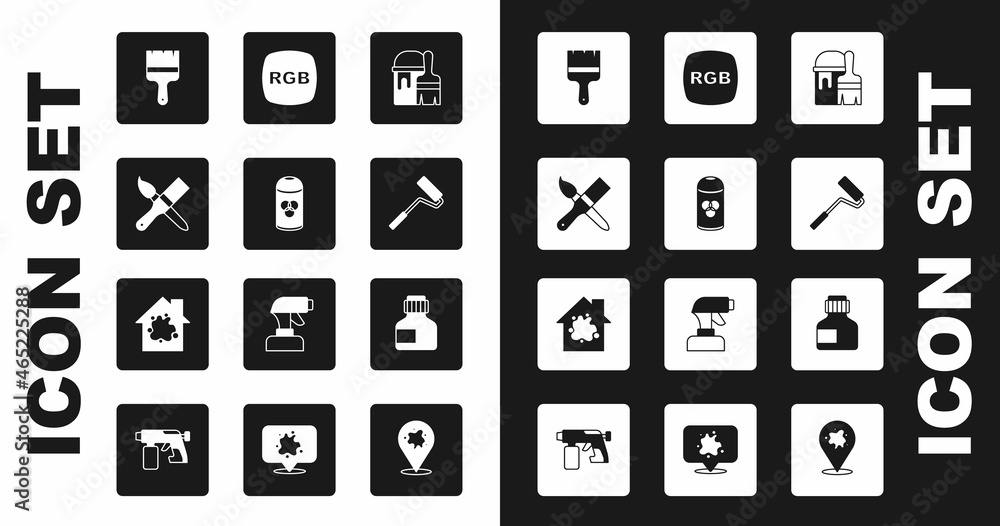 Set Paint bucket with brush, spray can, roller, RGB, Paint, gouache, jar, dye and Painting the house icon. Vector Set Paint bucket with brush, spray can, roller, RGB, Paint, gouache, jar, dye and Painting the house icon. Vector