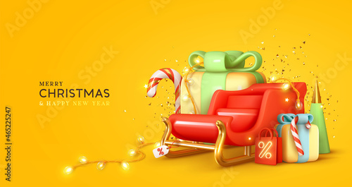 Christmas red Santa sleigh, pile gifts boxes. Realistic 3d design, surprise box, cane candies, gold confetti, decorative light garland. Xmas Sale label. Merry Christmas and Happy New Year background