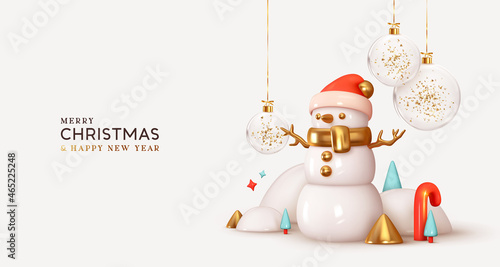 Merry Christmas and Happy New Year. Xmas Festive background. Realistic 3d design white snowman cute winter character, Abstract cone trees, snow balls drifts. Holiday Greeting card, banner, web poster.