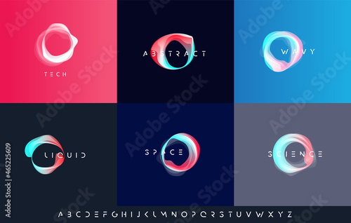 Weightlessness symbol, wavy liquid ring shape, abstract round logo set template for science, space technology, bio innovation, baner and poster background with overlay color. Vector illustration