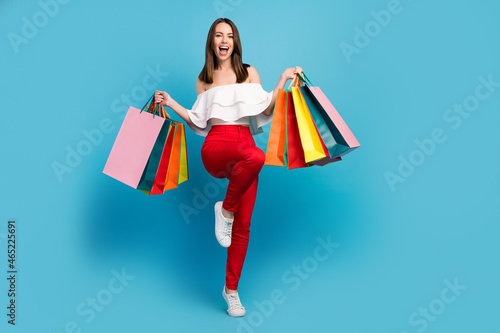 Full body photo of pretty amazed cheerful woman hold hands shopping bag winner isolated on blue color background